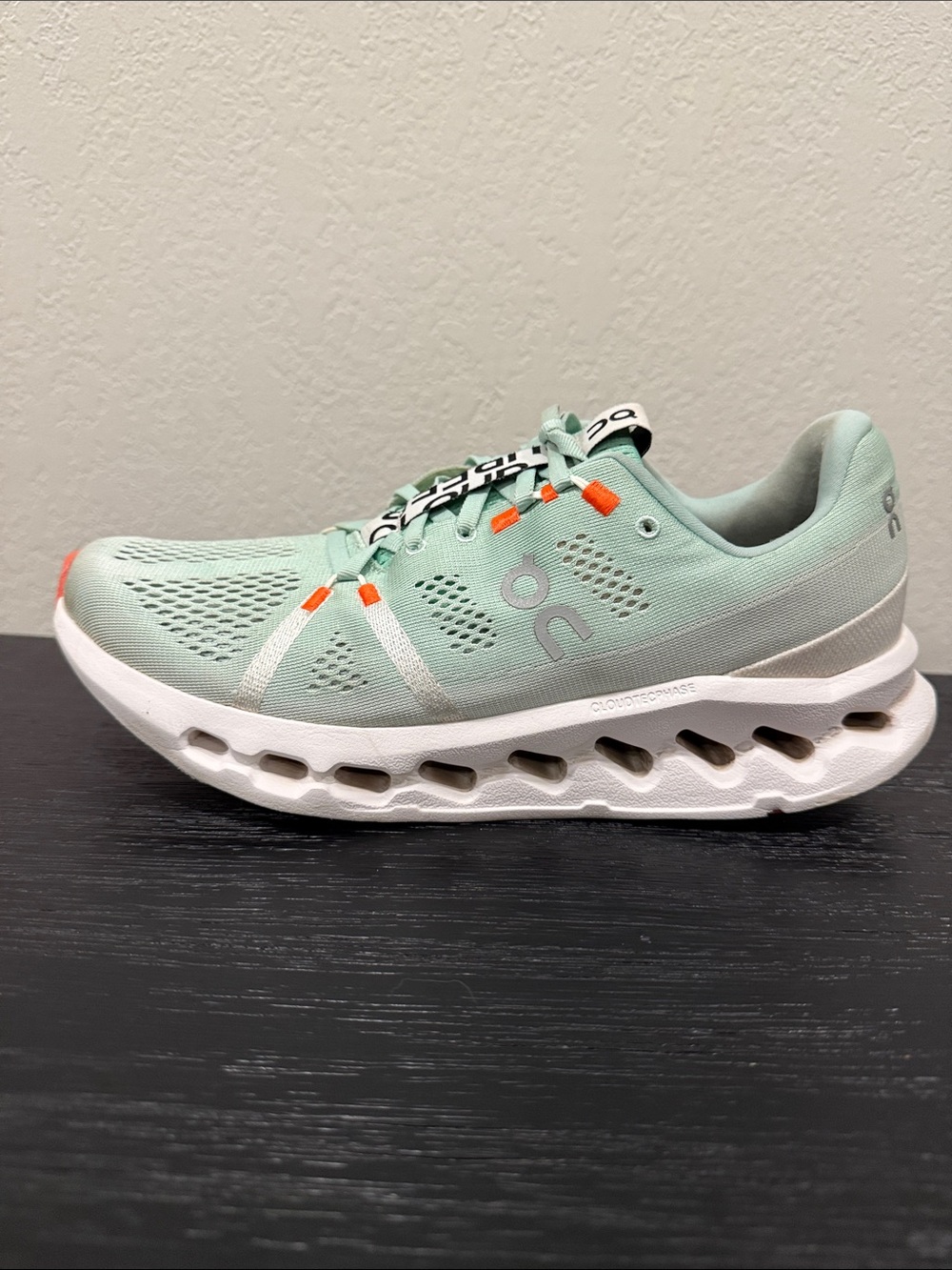On Running Cloudmonster Women's Size 11 Shoe in Mint Green w/ Orange Accents W11